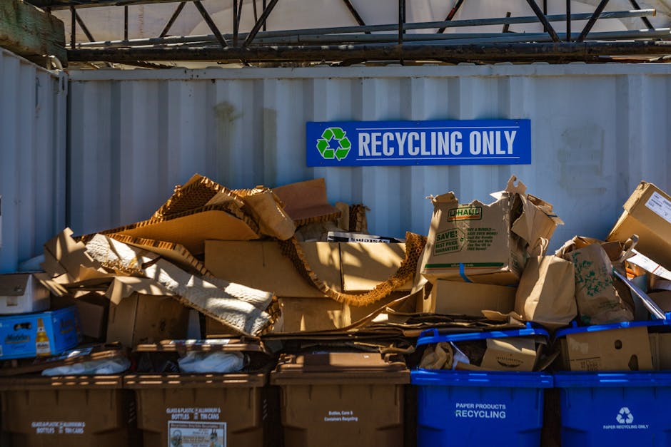 An outdoor recycling area featuring a large white container with a blue 'Recycling Only' sign mounted on it, indicating its designated purpose for recyclable materials. The container is filled with various flattened and crumpled cardboard boxes of different sizes, textures, and brown hues, some with printed labels and green U-Haul logos. The cardboard shows signs of wear, with torn edges and corrugated surfaces visible. The bins in front contain additional paper and cardboard waste, some partially overflowing with packaging materials, and are placed on a paved surface. Above, a partially visible metal framework or roofing structure provides partial shade to the area. In the background, a section of a building or fence can be seen, contributing to an organized waste management appearance. The scene is lit by natural daylight, enhancing the textures and shadows of the cardboard and recycling containers, reflecting a typical site of household waste sorting and disposal for recycling collection services, with a focus on environmentally responsible rubbish handling and waste separation practices.