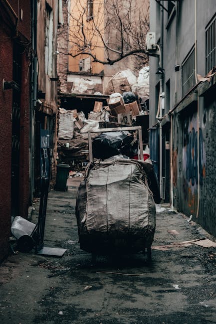 A narrow urban alleyway lined with graffiti-covered walls and cluttered with piles of mixed waste materials. In the foreground, there is a large, weathered black trash bag or sack standing upright, with a metal handle, placed on the paved ground that appears slightly stained and uneven. Behind it, an assortment of discarded cardboard boxes, paper, and plastic bags form a towering heap towards the back of the alley, which is piled up against a makeshift wooden barrier or fence. To the right side, there is a dark grey building with metal security bars on the windows and some small, visible ventilation openings, while the left side features a brick wall with some piping attached. Overhead, leafless tree branches extend across the scene, hinting at an outdoor environment during late autumn or winter. The overall atmosphere suggests a neglected space used for private waste disposal, with visible signs of rubbish collection typical of independent clearance services.